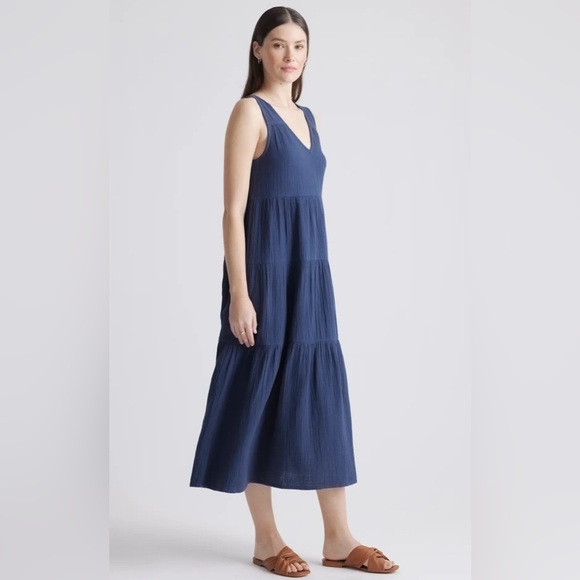 Quince 100% Organic Cotton Gauze Tiered Maxi Dress Navy Size Large - Picture 3 of 12